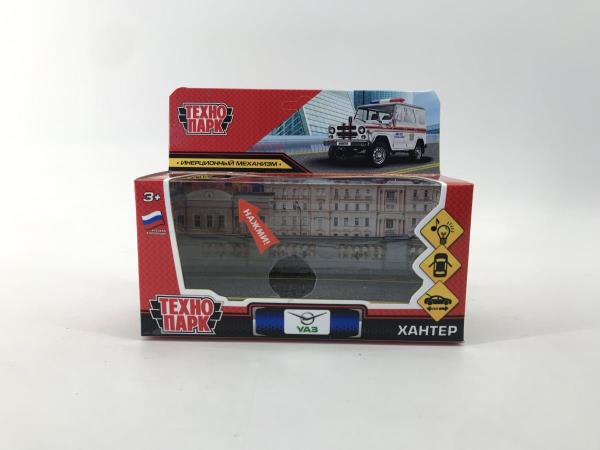 Машина металл свет-звук УАЗ ХАНТЕР МЧС длина 12 см, двер, багаж, инерц, кор. Технопарк в кор.2*36шт