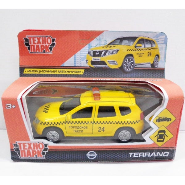 МАШИНА "ТЕХНОПАРК" МЕТАЛЛ. ИНЕРЦ. NISSAN TERRANO ТАКСИ 12СМ, ОТКРЫВ. ДВЕРИ В РУСС. КОР. в кор.2*24шт