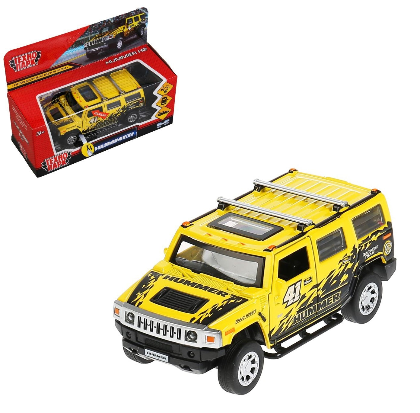 Машина металл свет-звук HUMMER H2 СПОРТ 12 см, двер, баг, инер, желтый, кор. Технопарк в кор.2*36шт