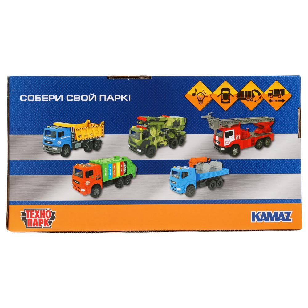 Машина пластик свет-звук KAMAZ МУСОРОВОЗ 30 см, бачок, двер, инер, зел, кор. Технопарк в кор.2*12шт
