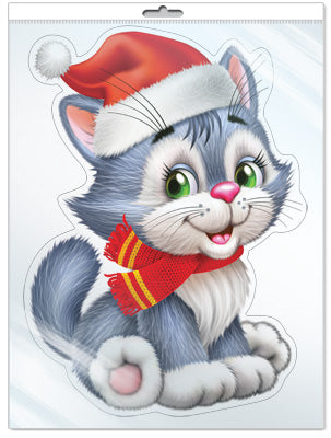 *Ф-14805 ПЛАКАТ ВЫРУБНОЙ А3 В ПАКЕТЕ. Новогодний котенок (УФ-лак, в индивидуальной упаковке, с европодвесом и клеевым клапаном) - группа Животные
