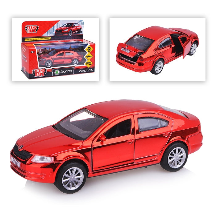 Машина металл SKODA OCTAVIA ХРОМ КРАСНЫЙ, 12см, открыв. двери, инерц. в кор. Технопарк в кор.2*36шт