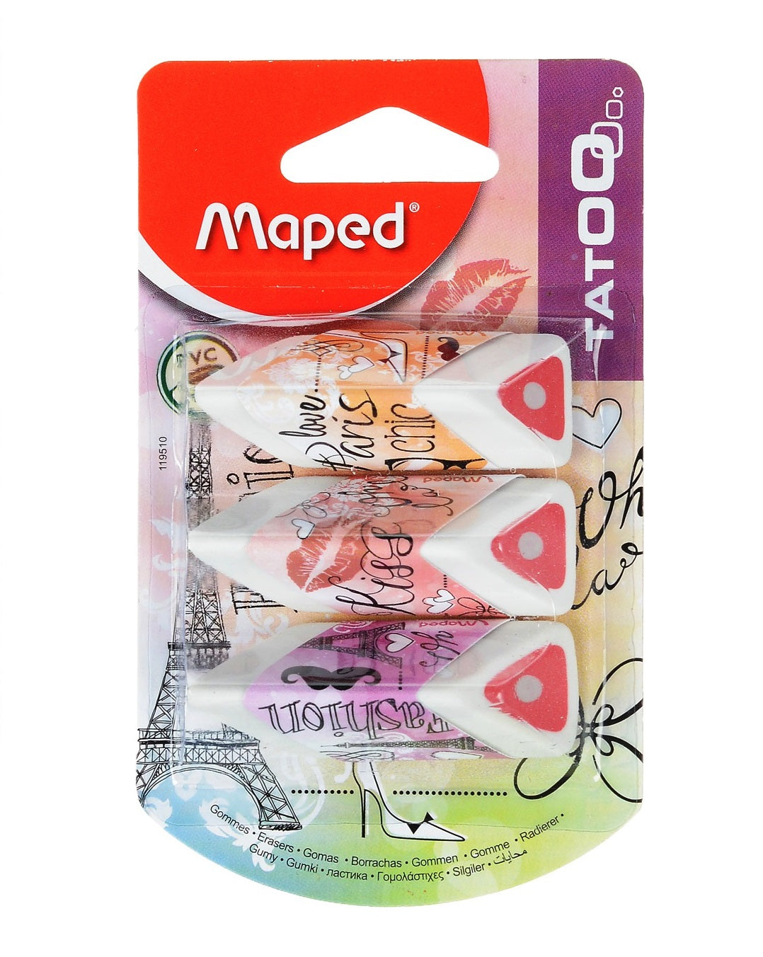 Maped. Ластик "Pyramide" треуг. формы, белый с цвет. серединой (3 шт) арт.119510 блистер