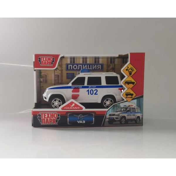 Машина пластик свет-звук UAZ ПАТРИОТ ПОЛИЦИЯ 15,5 см, 2 кн, инер, сереб, кор Технопарк в кор.48шт