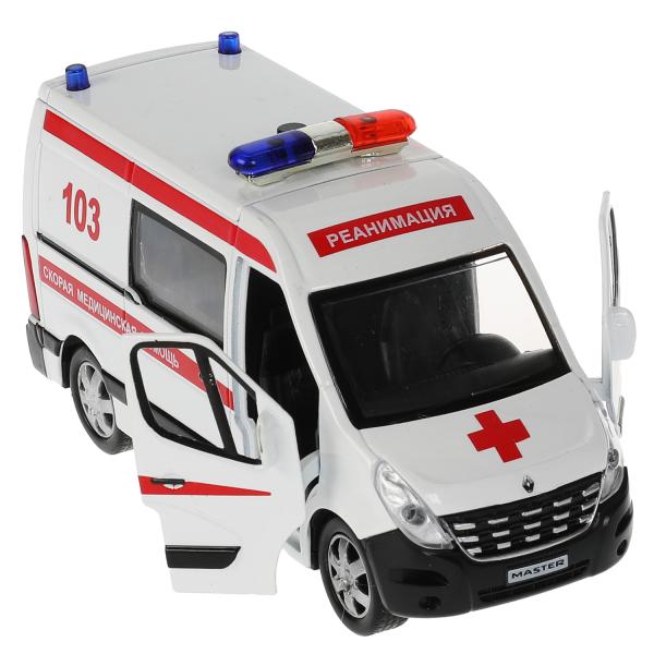 Машина металл свет-звук RENAULT master СКОРАЯ 14см, двер, тел, ин., бел,кор. Технопарк в кор.2*32шт