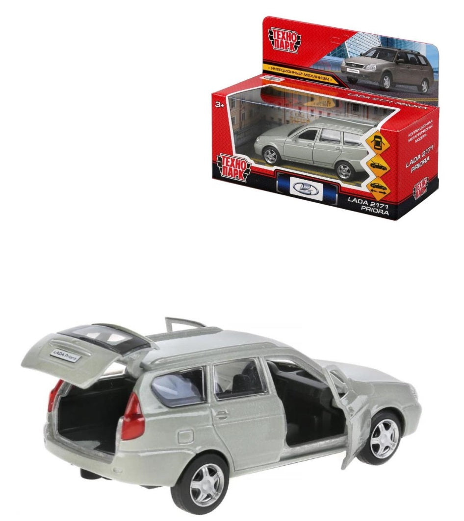 Технопарк. Модель "Лада Приора" металл длина 12см, двери, багаж, инерц, бежевый, арт.PRIORAWAG-12-BN