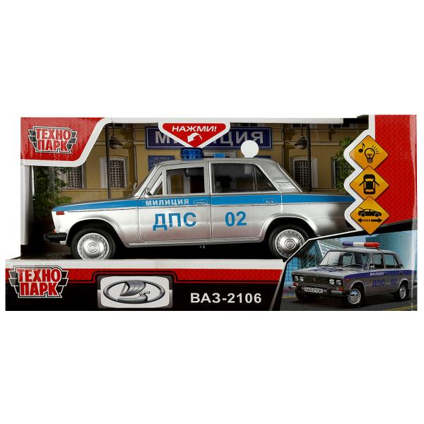 Машина пластик свет-звук ВАЗ-2106 МИЛИЦИЯ 22 см, 4 кноп, инерция,серый, кор. Технопарк в кор.36шт