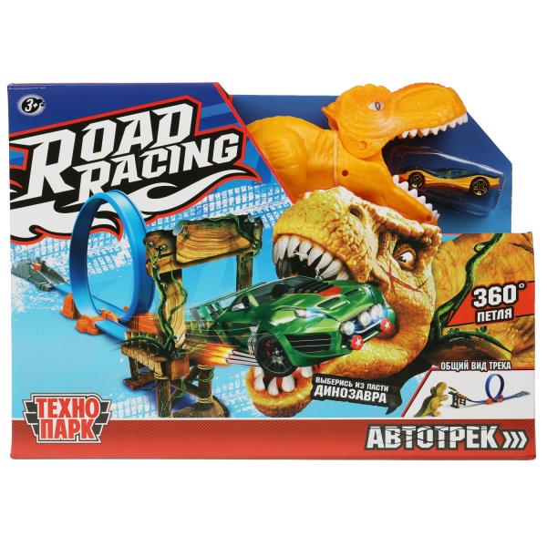RR-TRK-159-R 349937 Игрушка пластик ROAD RACING автотрек с динозавром. 1 машинка, 1 петля, кор. Техн
