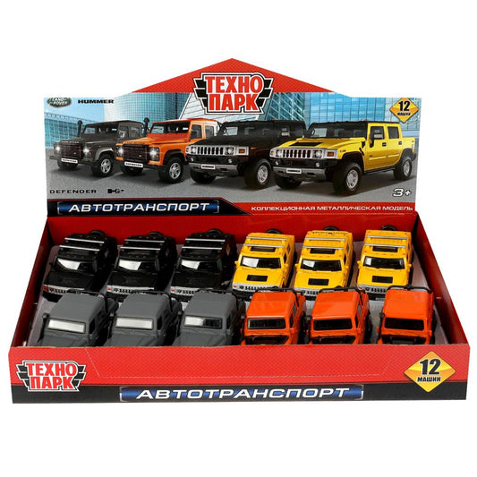Машина металл land ROVER DEFENDER/HUMMER H2 PICKUP 12см,дв,баг,асс,дис. Технопарк уп-12шт в кор.6уп