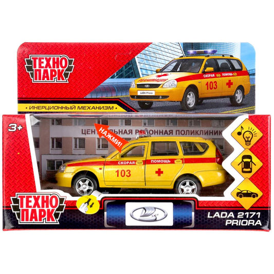 Машина металл свет-звук LADA PRIORA РЕАНИМАЦИЯ 12 см, двери, багаж, в кор. Технопарк в кор.2*36шт