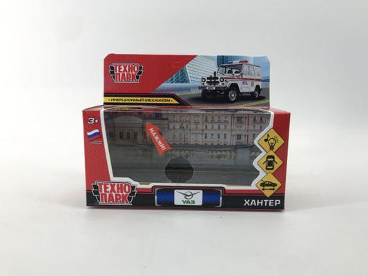 Машина металл свет-звук УАЗ ХАНТЕР МЧС длина 12 см, двер, багаж, инерц, кор. Технопарк в кор.2*36шт