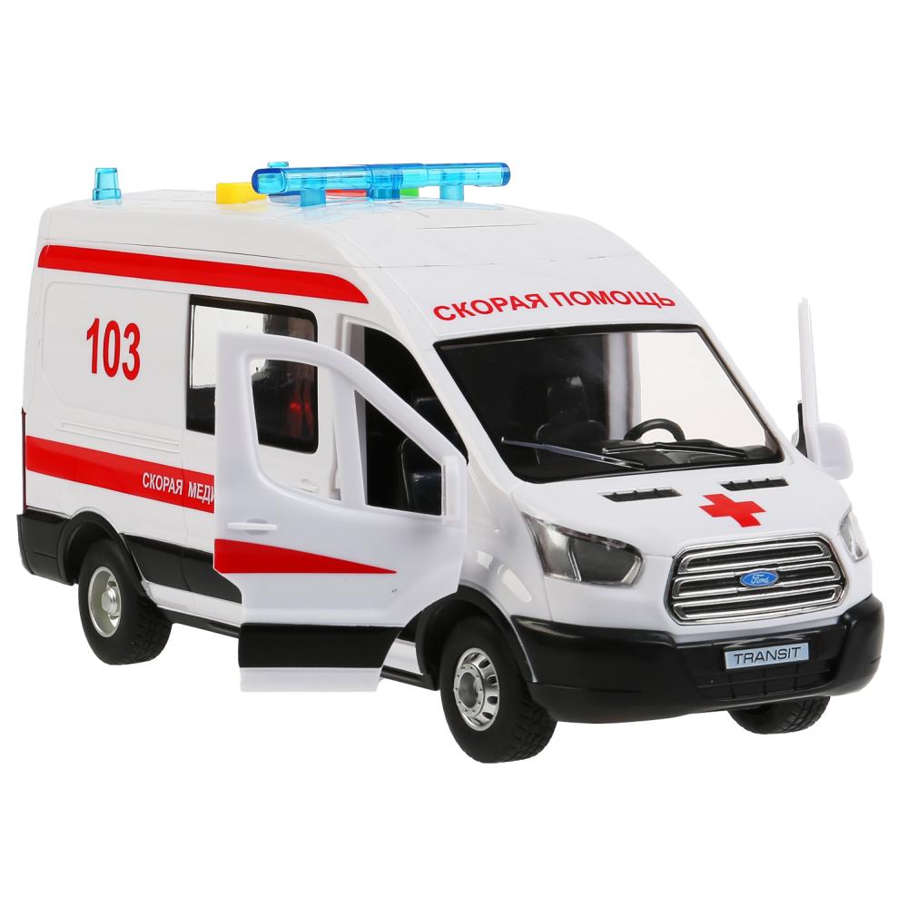 Машина свет+звук "ford transit скорая" 22,5см, пластик, инерц., белый в кор. Технопарк в кор.2*18шт