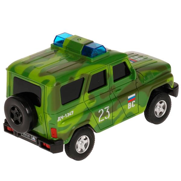 Машина пластик свет-звук UAZ HUNTER ВОЕННЫЙ 15 см, 2 кноп, инер, камуф, кор. Технопарк в кор.48шт