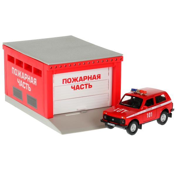 Технопарк. Гараж "Пожарная часть" пластик 20,5 см, + машинка LADA 4x4, крас, арт.GARAGESMA-20PLFRI-L