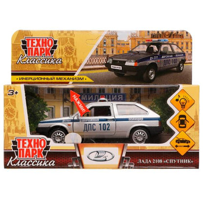2108-12SLPOL-SR328308 Машина металл свет-звук LADA-2108 "СПУТНИК" ПОЛИЦИЯ 12 см, двери, кор. Технопа