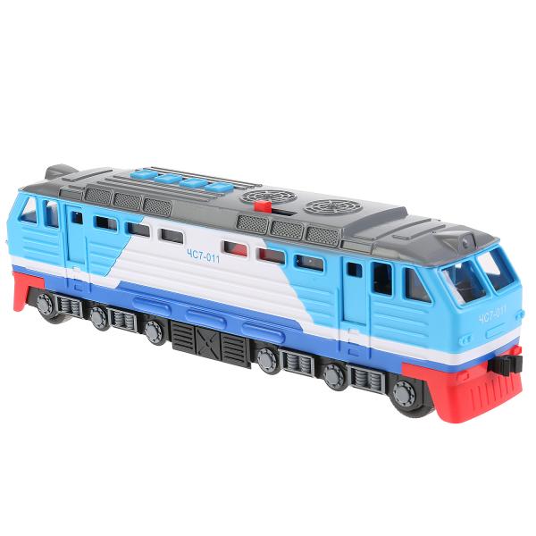 LOCO-30PL-BU Модель пластик свет-звук ТЕПЛОВОЗ 30 см, двери, 4 кноп, инер, синий, кор. Технопарк в к