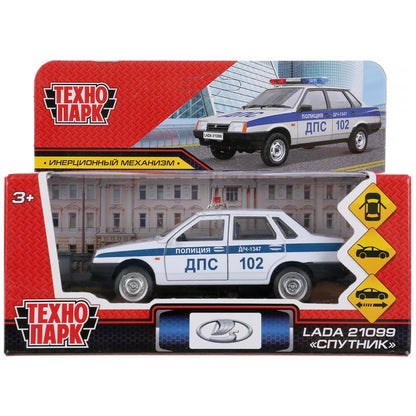 Машина металл LADA-21099 "СПУТНИК" ПОЛИЦИЯ 12 см, двери, багаж, белый, кор. Технопарк в кор.2*36шт
