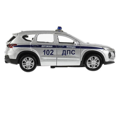 Машина металл HYUNDAI SANTAFE ПОЛИЦИЯ 12 см, двер, багаж, инер, серебр, кор. Технопарк в кор.2*36шт