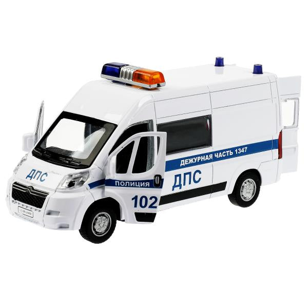 Машина металл свет-звук CITROEN JUMPER ПОЛИЦИЯ 14 см, двер, инер,белый, кор. Технопарк в кор.2*36шт