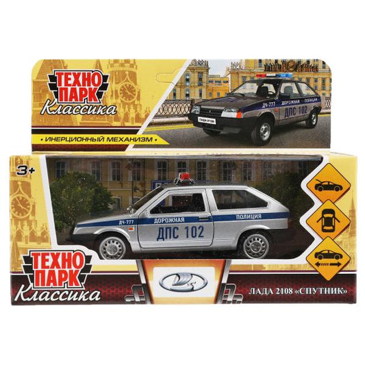 Машина металл LADA-2108 "СПУТНИК" ПОЛИЦИЯ 12 см, двери, багаж, кор. Технопарк в кор.2*36шт