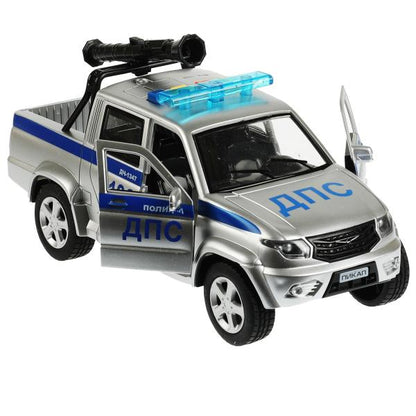 Машина пластик свет-звук UAZ PICKUP ПОЛИЦИЯ 22 см, 4 кнопки, пушка, кор. Технопарк в кор.2*18шт