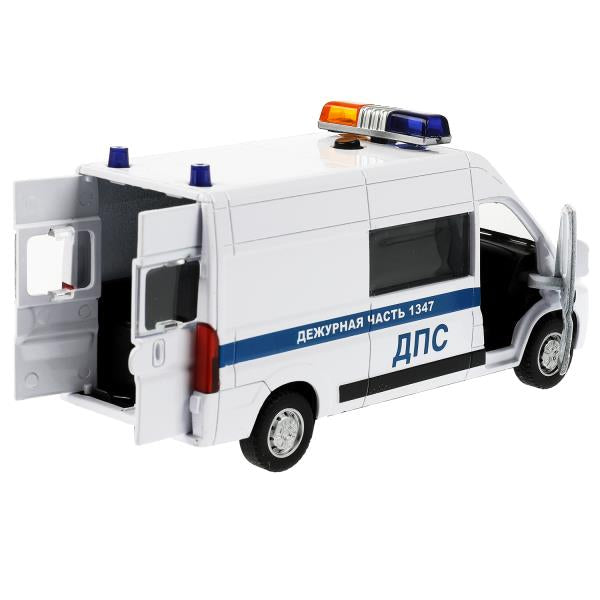 Машина металл свет-звук CITROEN JUMPER ПОЛИЦИЯ 14 см, двер, инер,белый, кор. Технопарк в кор.2*36шт