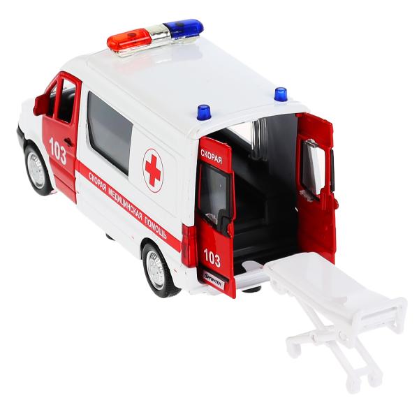 Машина металл MERCEDES-BENZ SPRINTER СКОРАЯ длина 14 см, двери, тележк, кор. Технопарк в кор.2*32шт