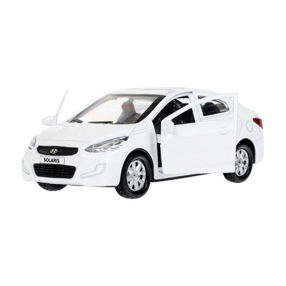 Машина металл HYUNDAI SOLARIS, 12 см, двери, багажн, инерц, белый, кор. Технопарк в кор.2*36шт