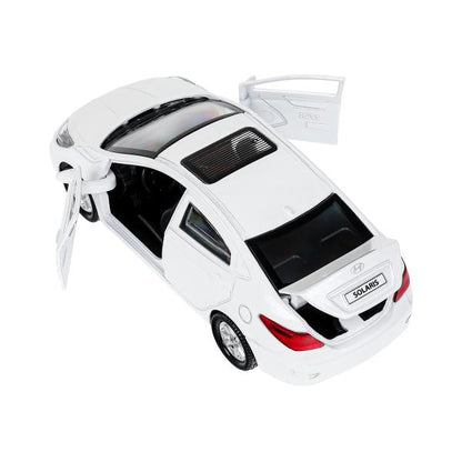 Машина металл HYUNDAI SOLARIS, 12 см, двери, багажн, инерц, белый, кор. Технопарк в кор.2*36шт
