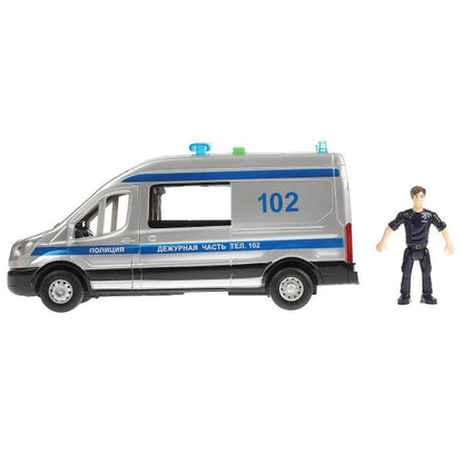 Машина пластик свет-звук FORD TRANSIT ПОЛИЦИЯ 22,5 см, двери, серебр, кор. Технопарк в кор.2*18шт