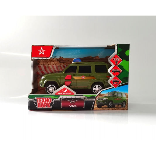 Машина пластик свет-звук UAZ ПАТРИОТ АРМИЯ РОССИИ 15,5 см, 2 кн,ин, зел, кор Технопарк в кор.48шт