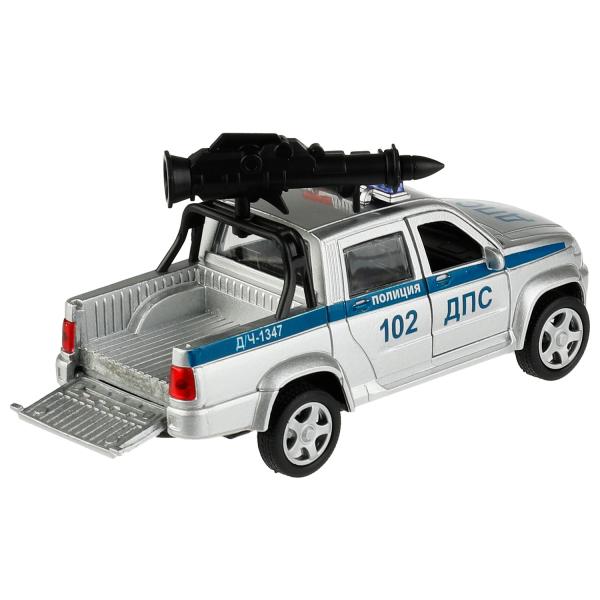 Машина металл UAZ PICKUP ПОЛИЦИЯ С ПУШКОЙ 13 см, двер, багаж, инерц, кор. Технопарк в кор.2*36шт