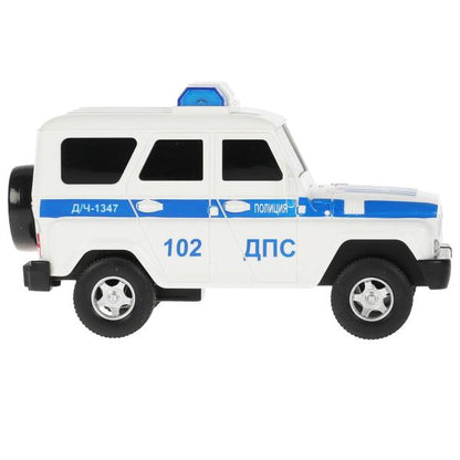 Машина пластик свет-звук UAZ HUNTER ПОЛИЦИЯ 15см, 2 кноп, инер, бел, кор. Технопарк в кор.48шт