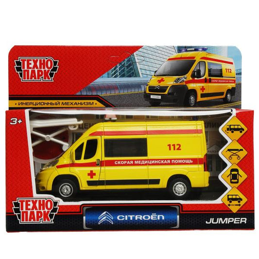 Машина металл CITROEN JUMPER РЕАНИМАЦИЯ 14 см, двер, баг, инер, желтая, кор. Технопарк в кор.2*36шт