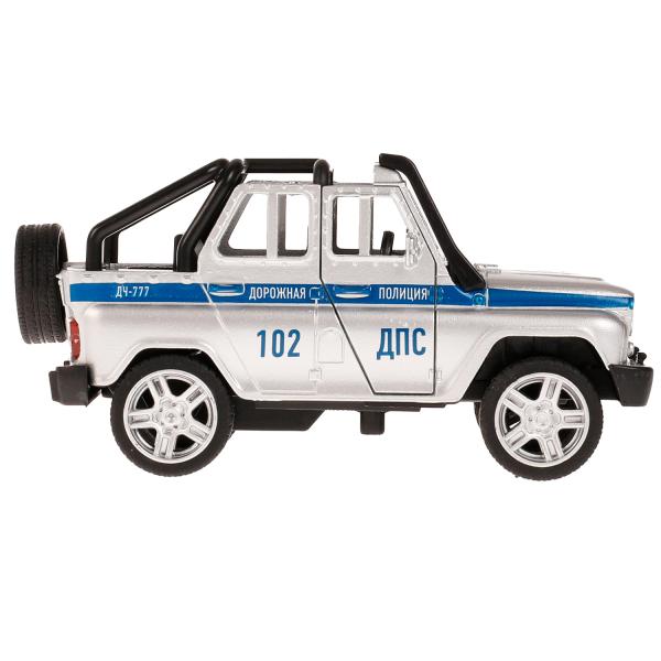 Машина металл UAZ HUNTER ПОЛИЦИЯ 11,5 см, двери, баг, ин, фигурка, асс, кор. Технопарк в кор.2*36шт