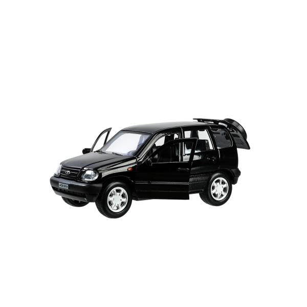Машина металл LADA NIVA длина 12 см, двери, багаж, инерц, черный, кор. Технопарк в кор.2*36шт