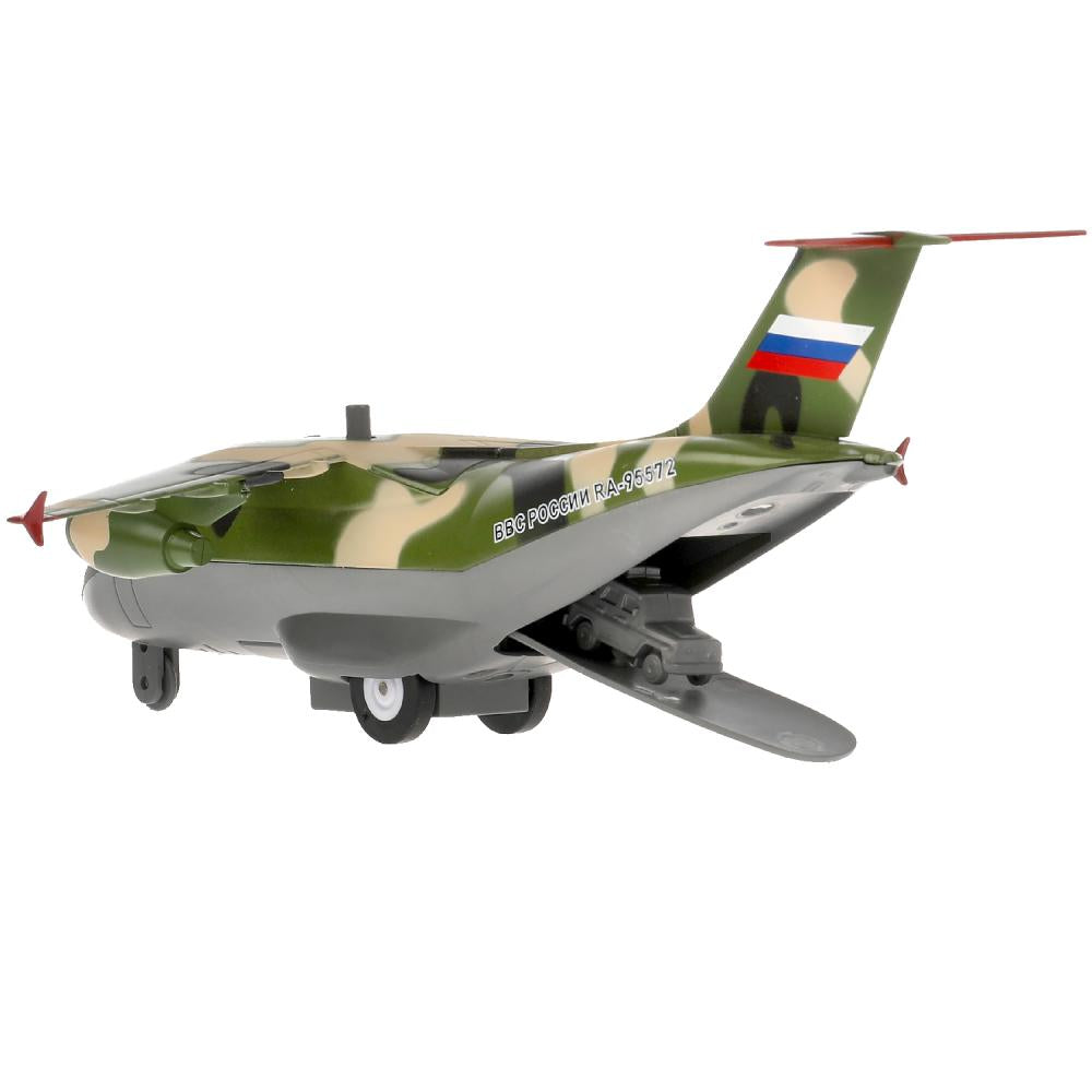 Модель металл свет-звук САМОЛЕТ ВОЕННО-ТРАНСПОРТНЫЙ 20 см, люк, камуф, кор. Технопарк в кор.2*24шт