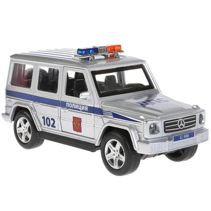 Машина металл свет-звук MERCEDES-BENZ G-CLASS ПОЛИЦИЯ 12 см, двер, баг, кор. Технопарк в кор.2*36шт