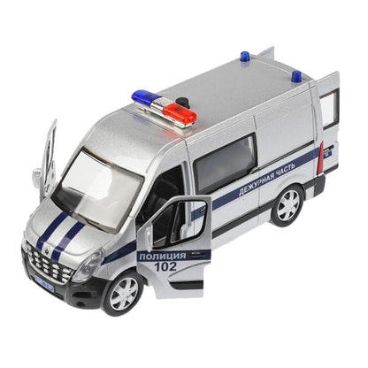Машина металл свет-звук RENAULT master ПОЛИЦИЯ 14 см, двер, серебрист, кор. Технопарк в кор.2*32шт