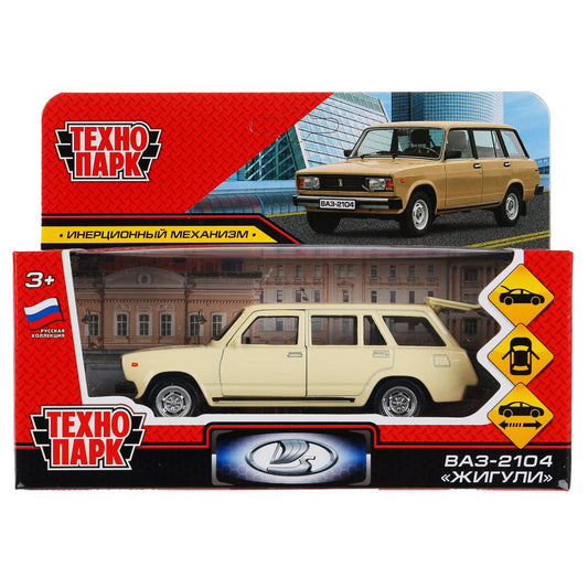 Машина металл ВАЗ-2104 ЖИГУЛИ длина 12 см, двери, багаж, инерц,бежевый, кор. Технопарк в кор.2*36шт