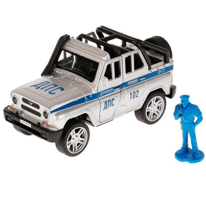Машина металл UAZ HUNTER ПОЛИЦИЯ 11,5 см, двери, баг, ин, фигурка, асс, кор. Технопарк в кор.2*36шт