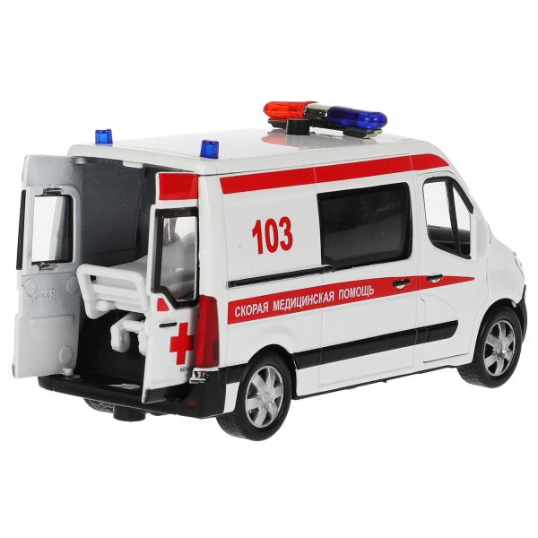 Машина металл свет-звук RENAULT master СКОРАЯ 14см, двер, тел, ин., бел,кор. Технопарк в кор.2*32шт