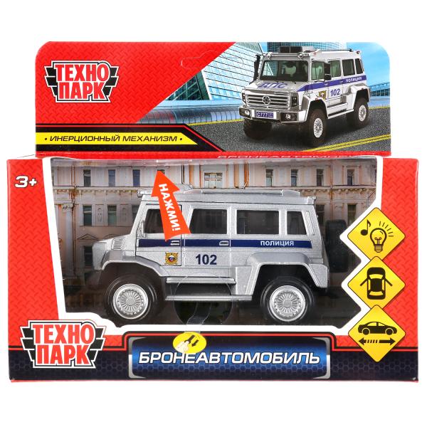 Машина металл свет-звук "бронеавтомобиль полиция" 12см, инерц., серебристый. Технопарк в кор.2*36шт