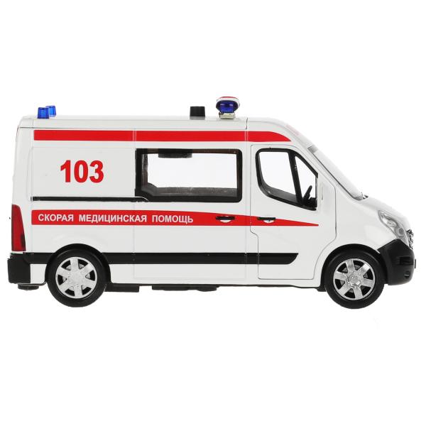 Машина металл свет-звук RENAULT master СКОРАЯ 14см, двер, тел, ин., бел,кор. Технопарк в кор.2*32шт