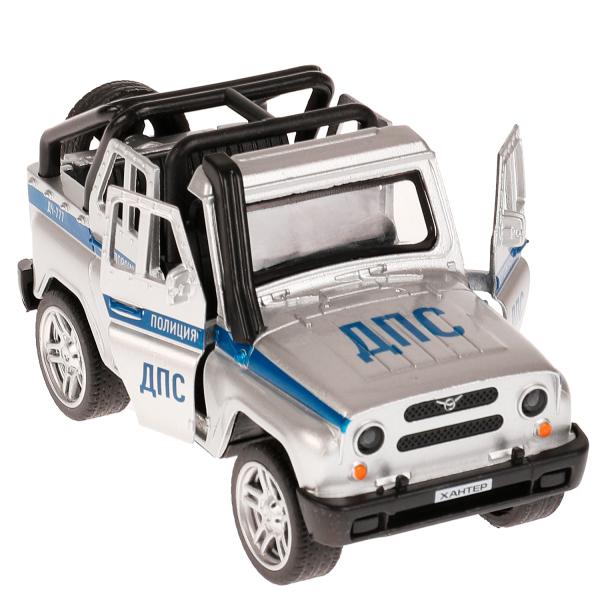 Машина металл свет-звук UAZ HUNTER ПОЛИЦИЯ 11,5 см, двери, фигурка, кор. Технопарк в кор.2*36шт