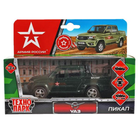 Машина металл UAZ PICKUP АРМИЯ РОССИИ длина 12 см, двери, багаж, инерц, кор. Технопарк в кор.2*36шт