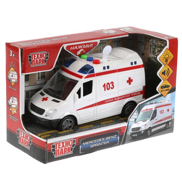 Машина пластик свет-звук MERCEDES-BENZ SPRINTER СКОРАЯ 14,5см, инерц, кор. Технопарк в кор.2*36шт