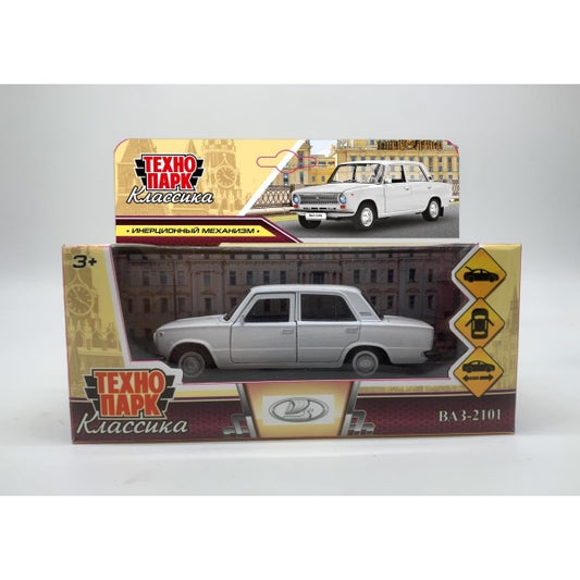 Машина металл ваз-2101 длина 12 см, двери, багаж, инерц, белый, кор. Технопарк в кор.2*36шт