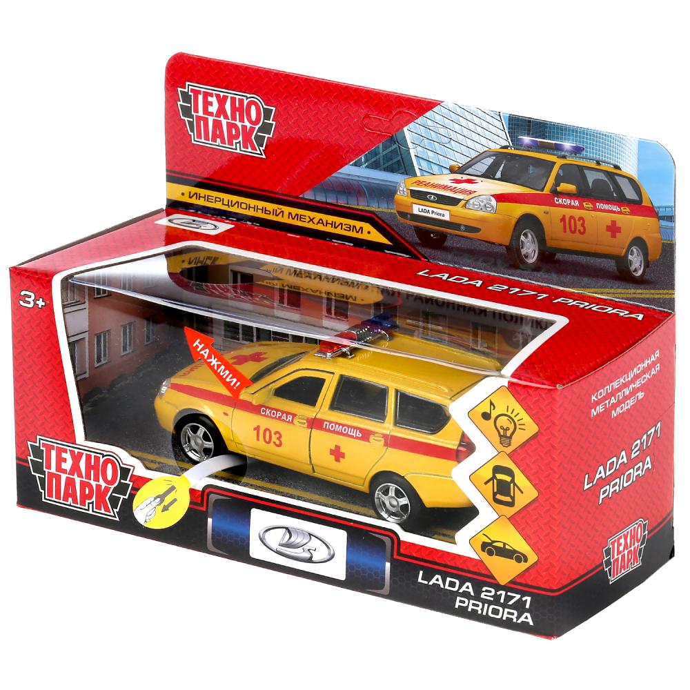 Машина металл свет-звук LADA PRIORA РЕАНИМАЦИЯ 12 см, двери, багаж, в кор. Технопарк в кор.2*36шт