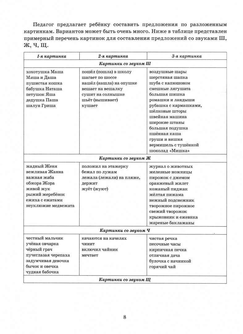 Собираем предложения. Звуки Ш, Ж, Ч, Щ . Опорные картинки для автоматизации звуков и формирования лексико-грамматических представлений у детей. А4. 16 стр+32 стр вклейка